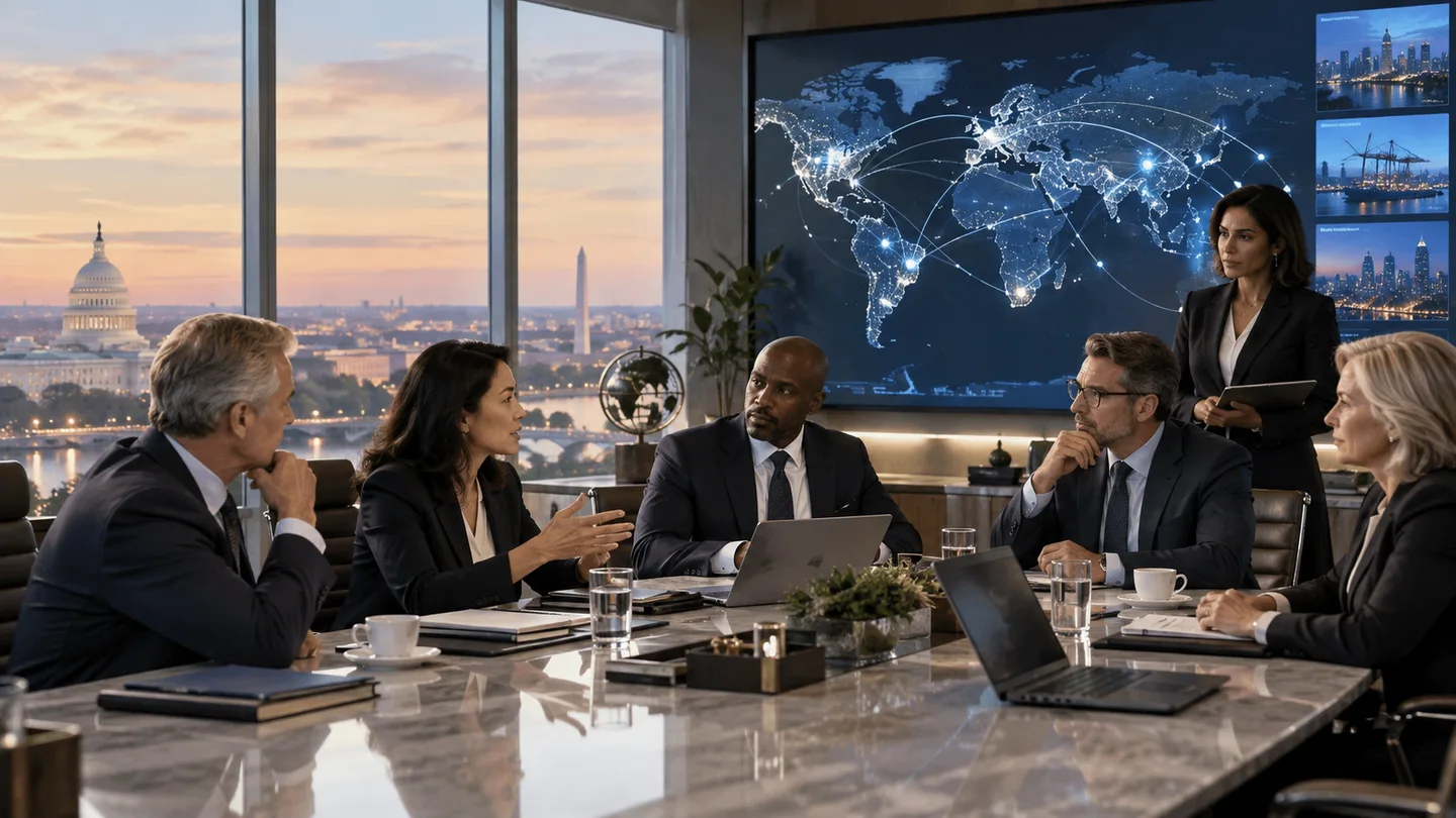 Leadership team coordinating an international operating plan