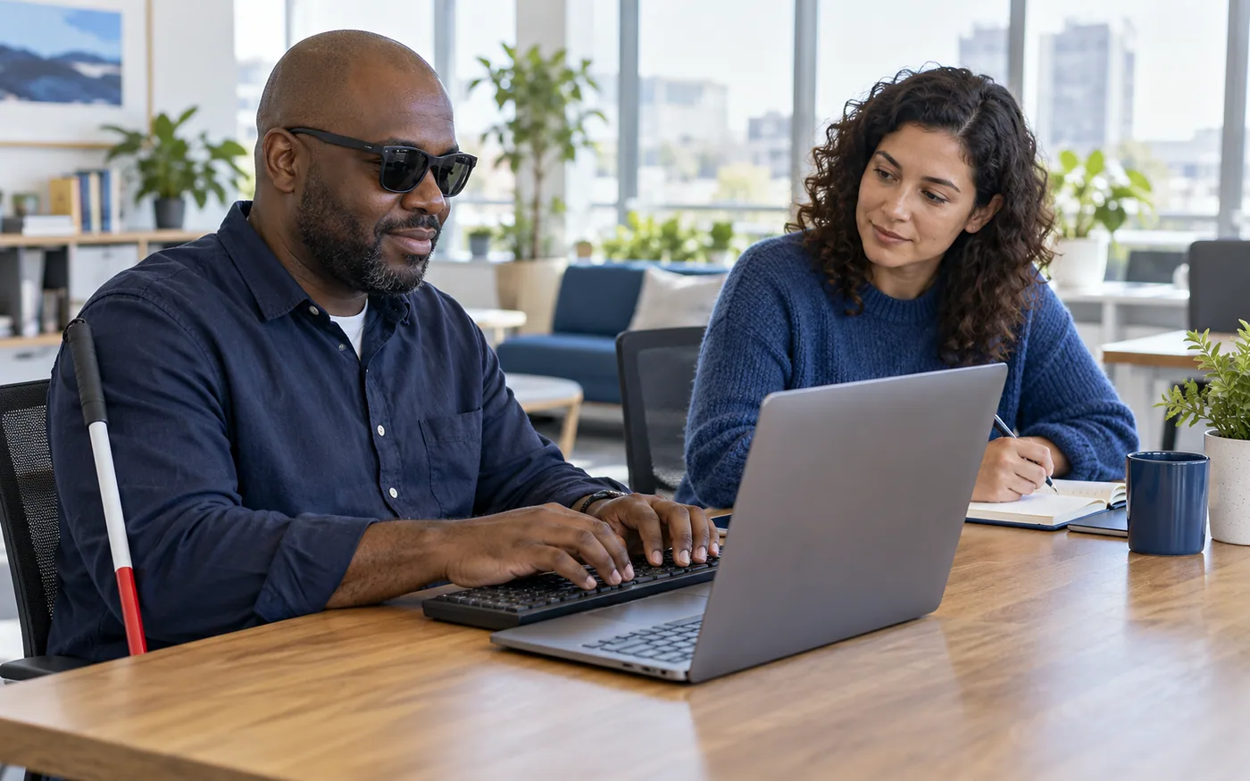 Blind professional testing a website with a screen reader and UX specialist