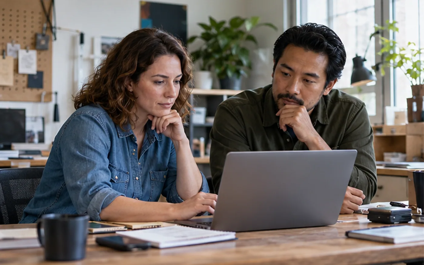 Small-business owners exploring an AI assistant on a laptop in their office