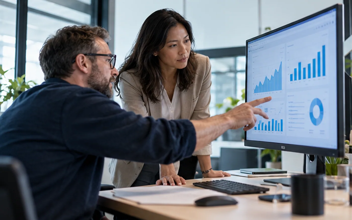 Business analyst and operations leader reviewing data visualizations