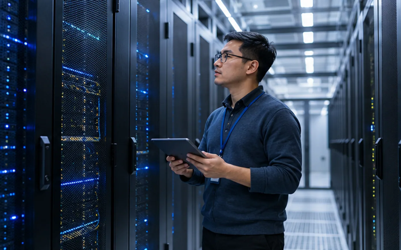 Engineer inspecting secure cloud infrastructure in a data center