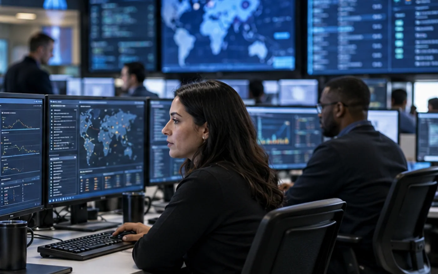 Cybersecurity analysts monitoring systems in an operations center