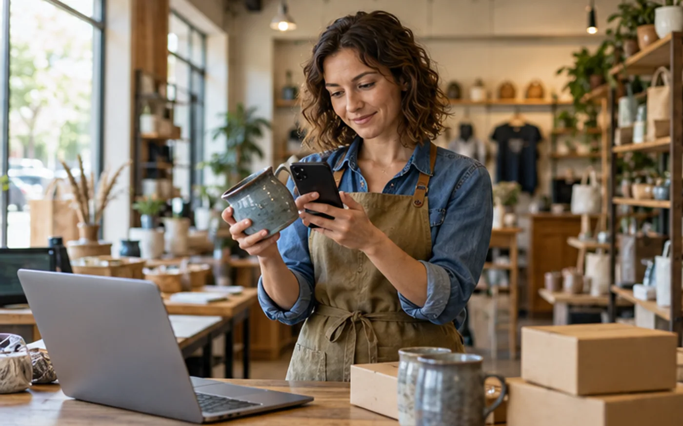Small business owner planning digital marketing content in a storefront