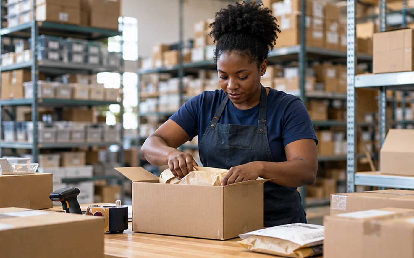 E-commerce fulfillment worker packing an order in an organized warehouse