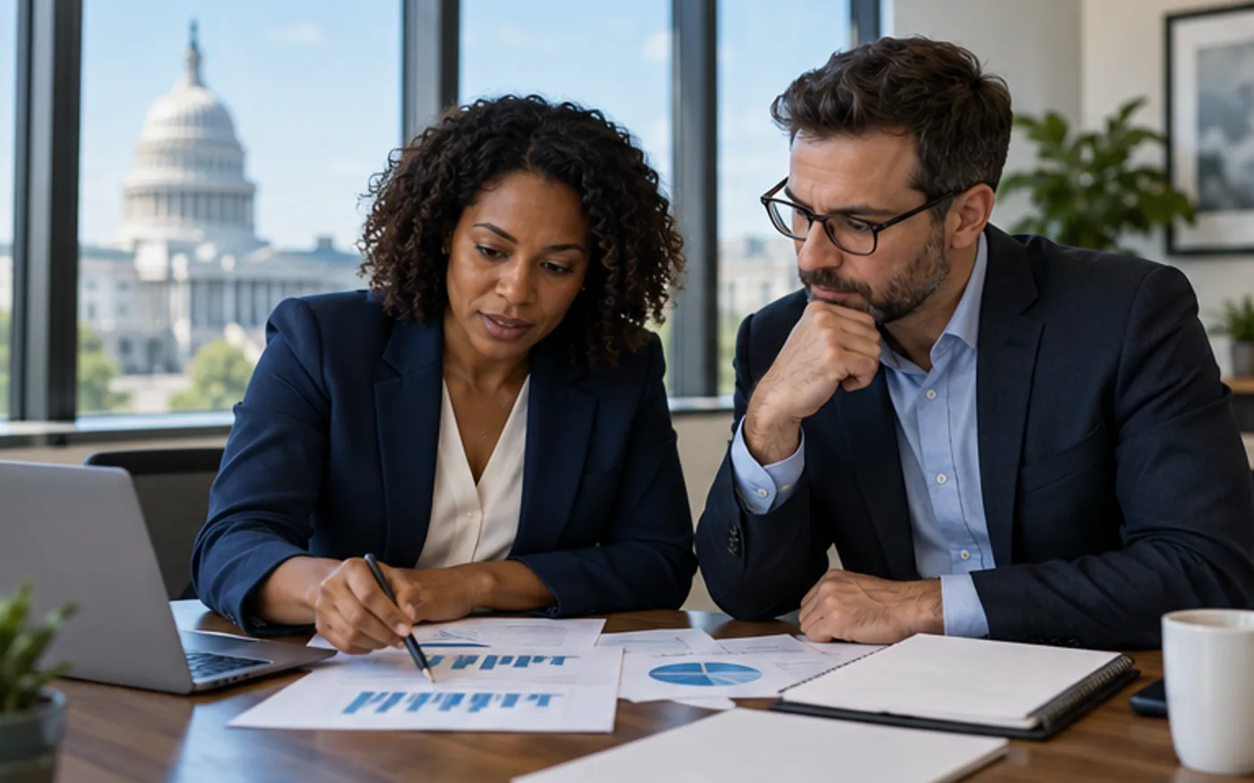 Small business leaders preparing a federal contract proposal together