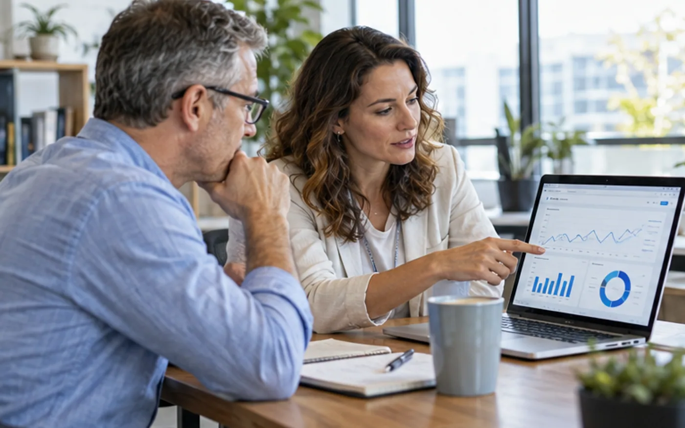 Business owner and marketing adviser reviewing search analytics