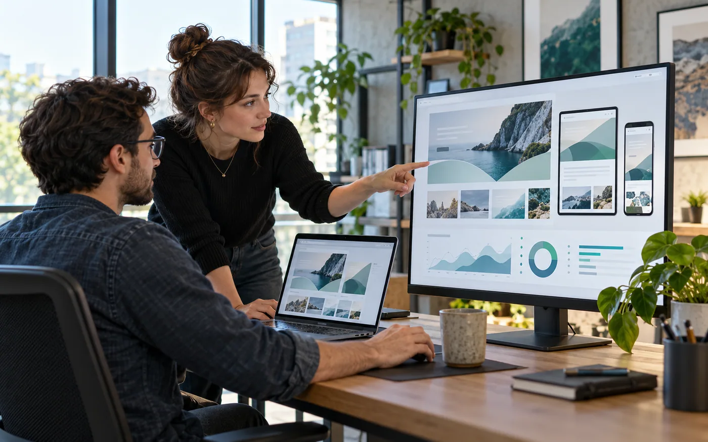 Software engineer and product designer reviewing a responsive website